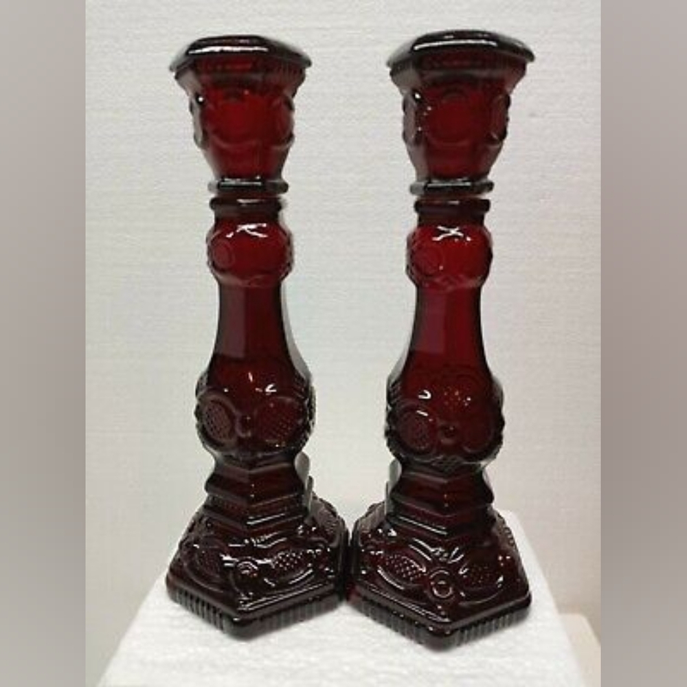 2 Vintage AVON CAPE COD RUBY RED CANDLESTICKS CANDLE HOLDER 5 OZ. 1876